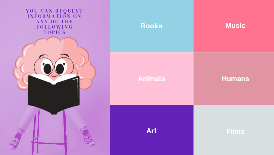 In this image we find the different topics about fun interesting facts that we usually cover on our website: books, music, animals, humans, art and films. Although as you know, you can ask us for a different theme if you prefer.